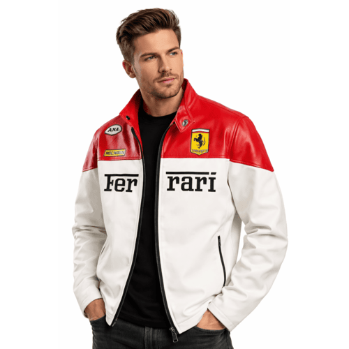 Ferrari Racing White Leather Jacket – Premium F1 Motorsport Enthusiasts (Embroidered)
