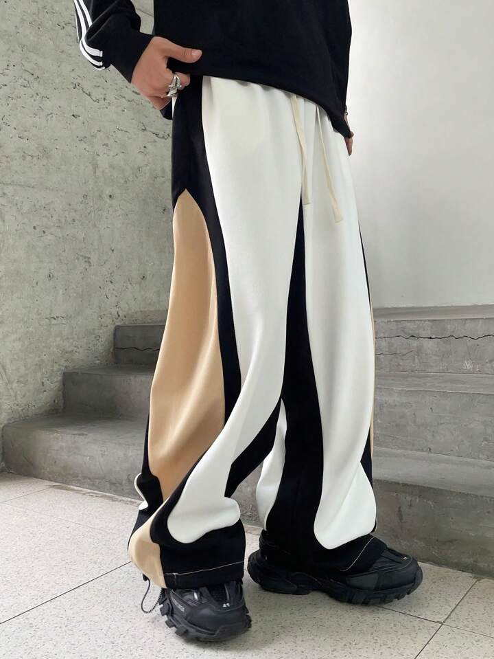 Premium Wide-Leg Cotton Track Pants – High-Street Color Block Joggers