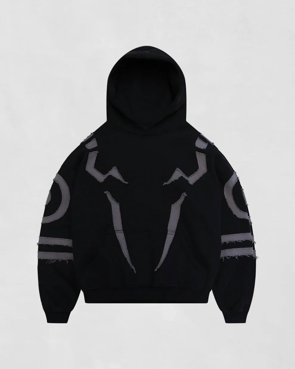 Suspended Clothing oversized black streetwear hoodie with Ryomen Sukuna inspired distressed applique patches