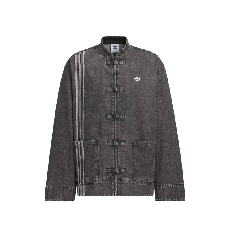 Grey Washed Denim CNY Jacket Unisex Chinese Knot Streetwear - CNY Inspired Denim Mandarin Collar Jacket