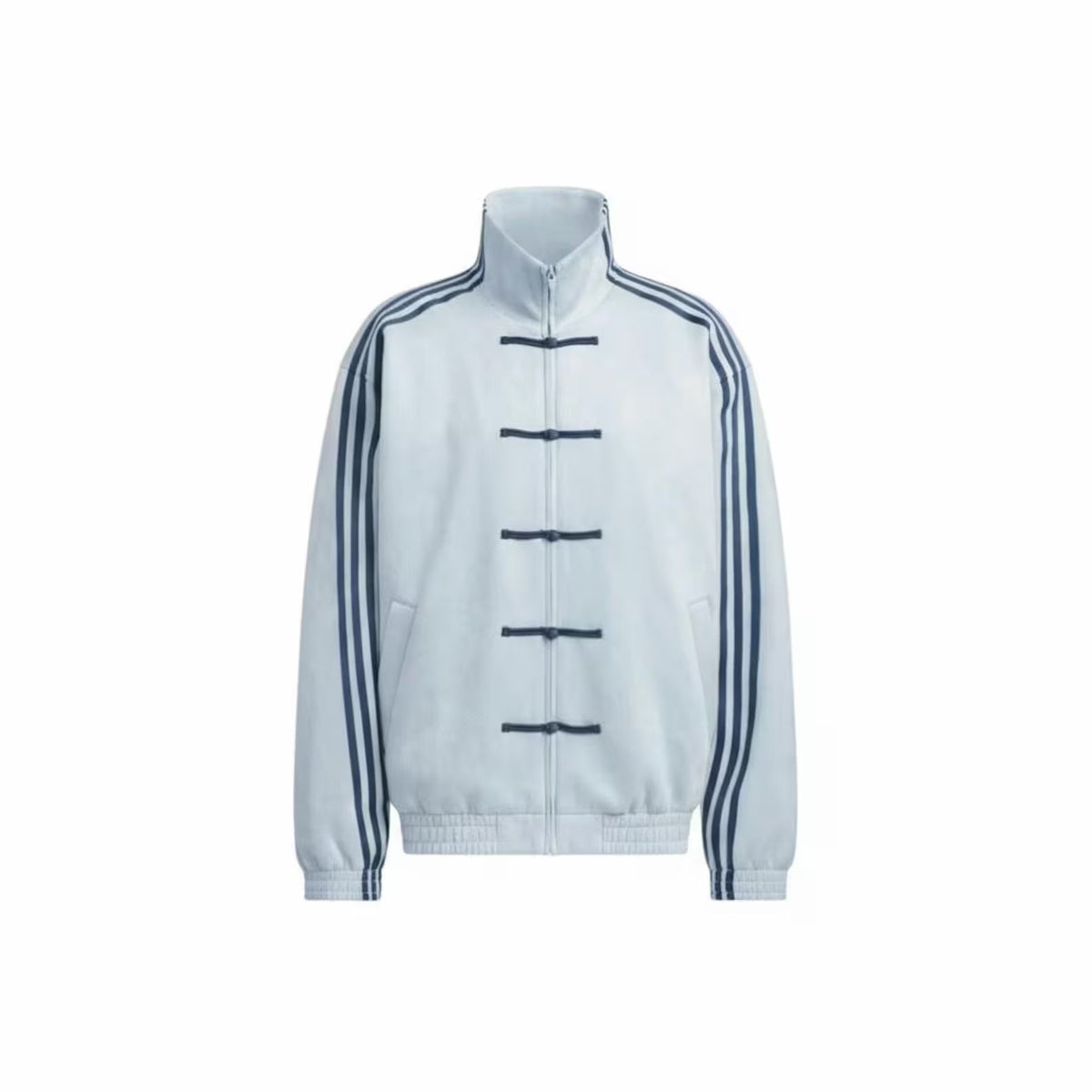 aqua blue cny jacket with black stripes and kont buttons streetwear
