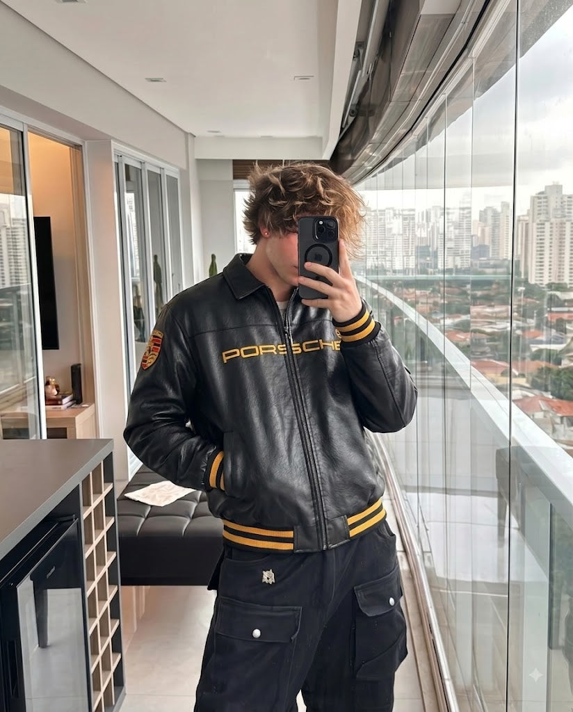 Black Porsche Leather Varsity Jacket | Motorsport Heritage Edition | Suspended Clothing