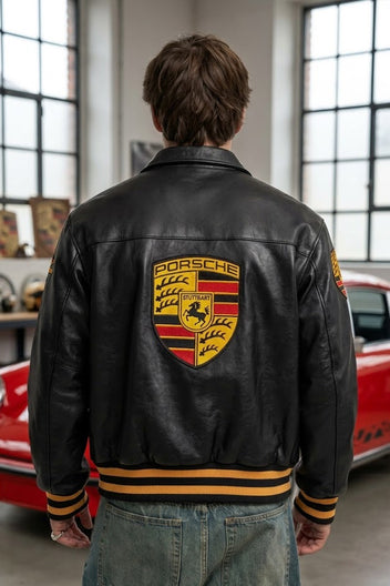 Black Porsche Leather Varsity Jacket | Motorsport Heritage Edition | Suspended Clothing