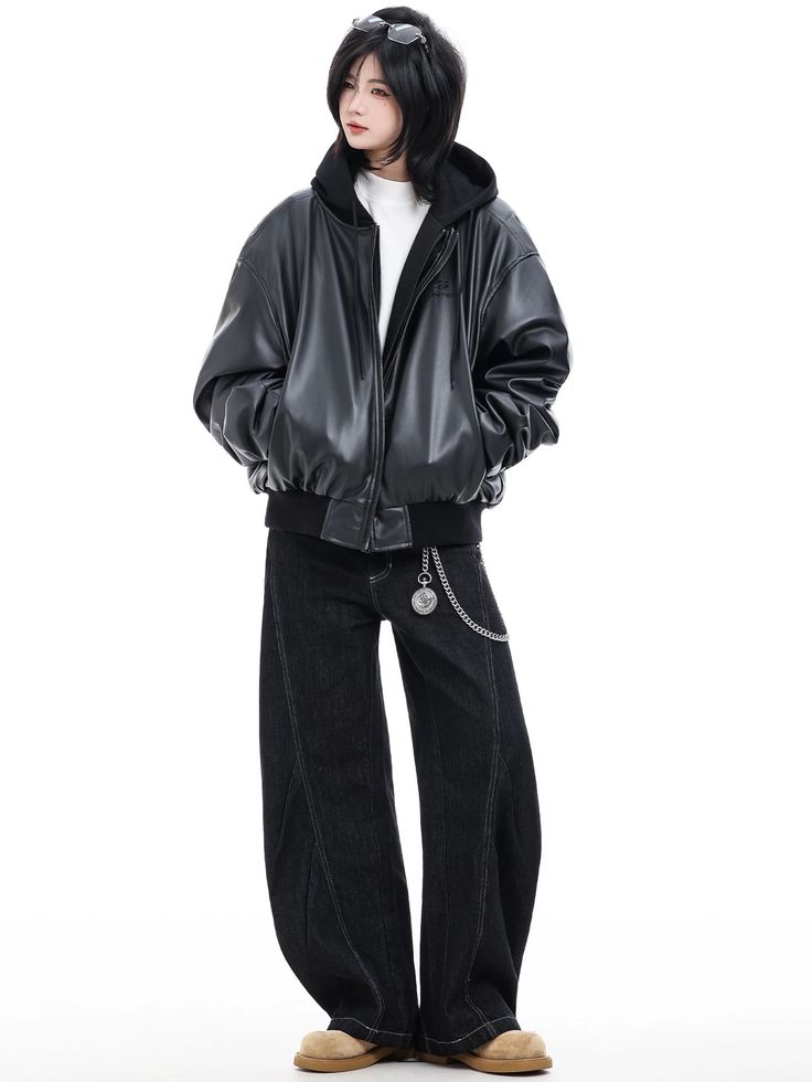 Unisex Vegan Leather Hooded Jacket – Premium Heavy Cotton Fleece Hood | Oversized Streetwear Leather Hoodie Jacket for Men & Women