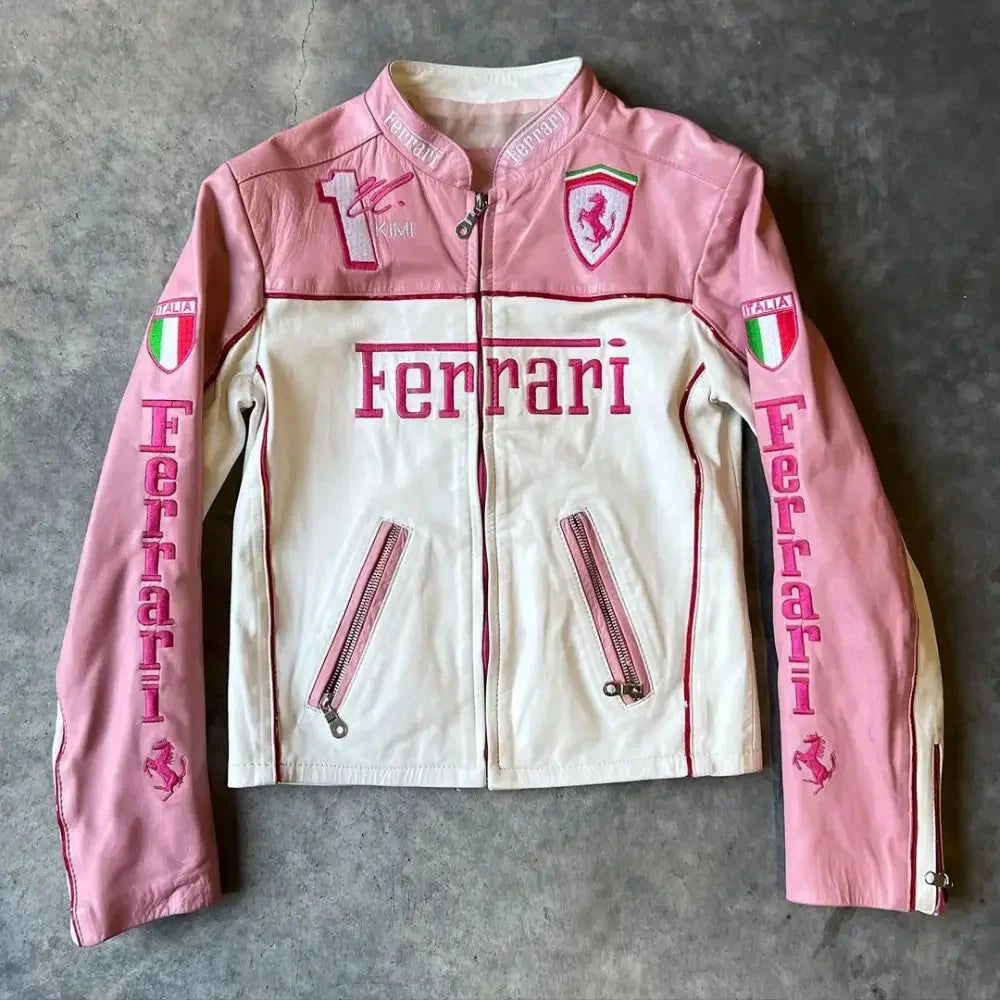 Oversized pink and white Ferrari leather racing jacket with bold logo and zip pockets