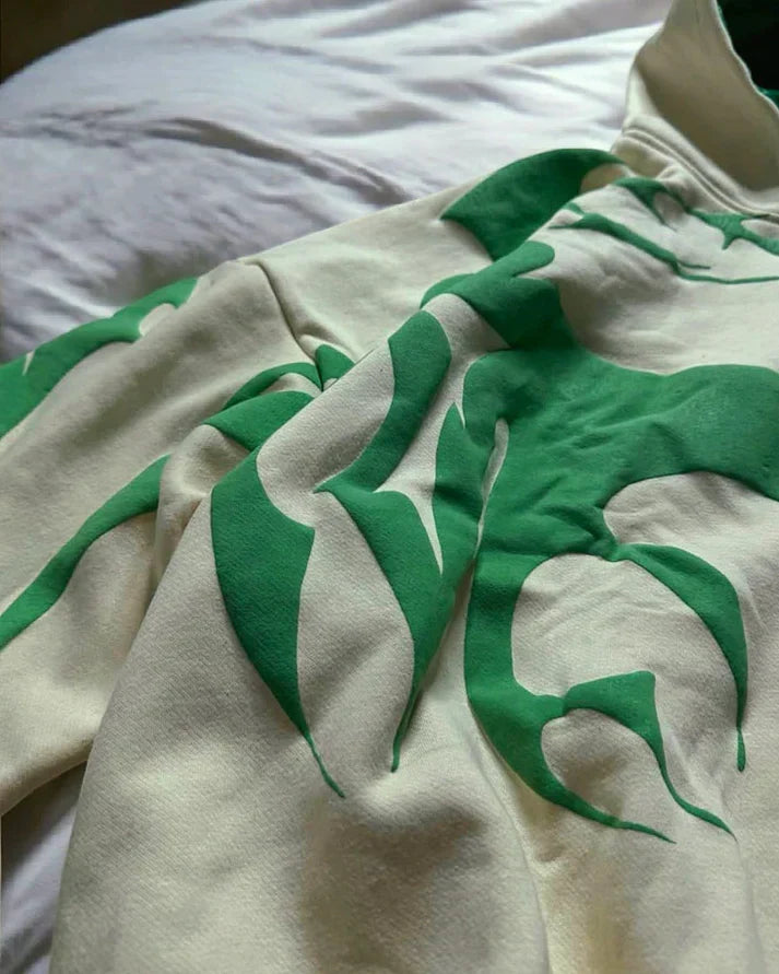 Suspended Clothing Premium White & Green Depth Hoodie | 3D Applique Streetwear & Dark Aesthetic