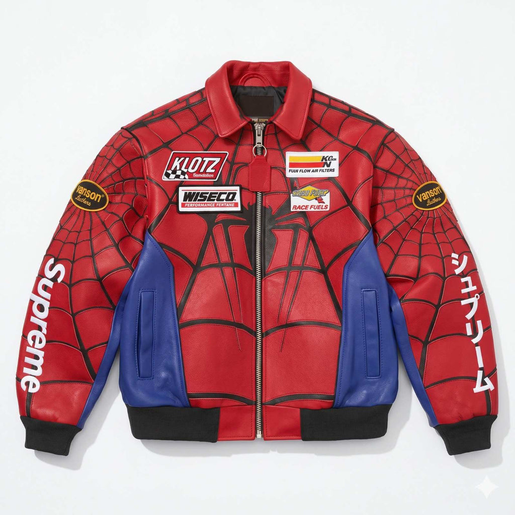 Suspended Clothing Spider Web Racing Leather Jacket - Red & Blue Y2K Streetwear Biker Jacket