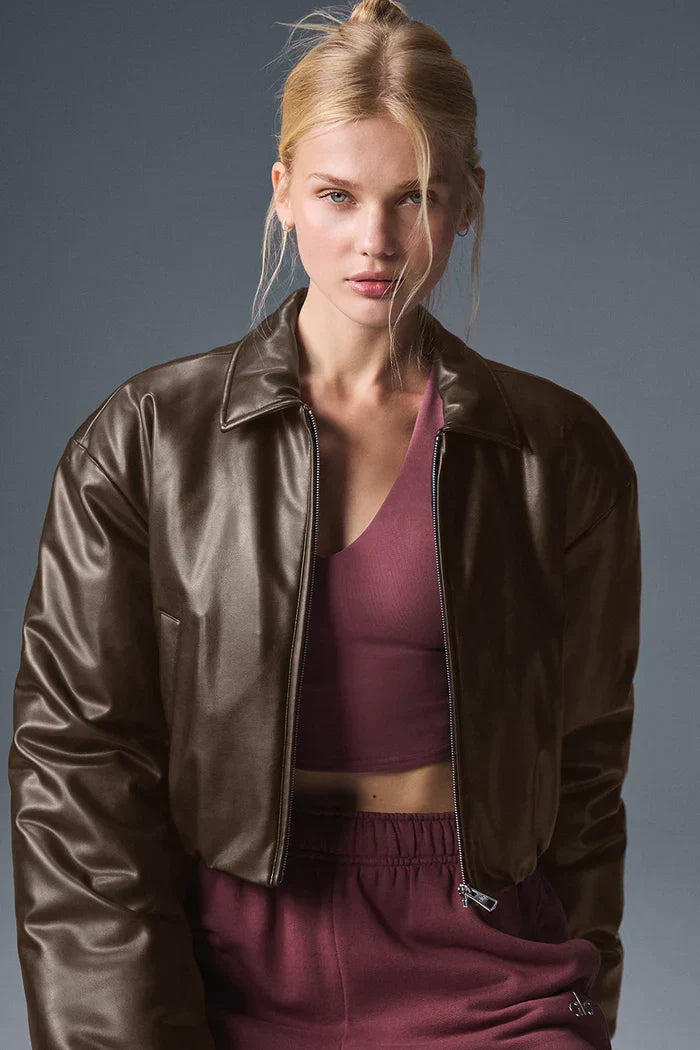 Suspended Clothing premium brown cropped leather bomber jacket for women